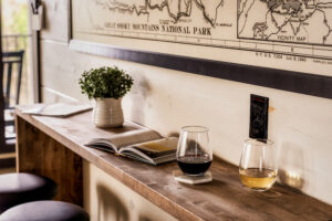 Bar Nook with Books, Wine and Smoky Mountain Map