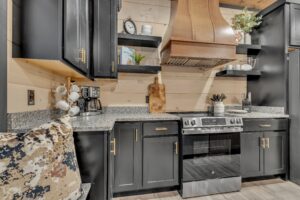 Coffee Station With Stove And Open Shelving