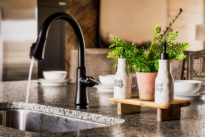 Granite Island Sink with Soap Dispensers and Plant Decor