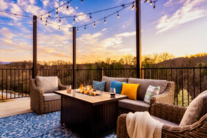 String-Lit Outdoor Lounge with Fire Pit and Sunset Views